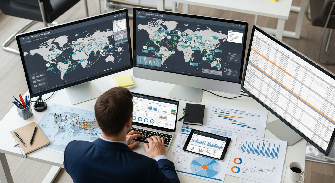 Supply chain consultant analyzing logistics data